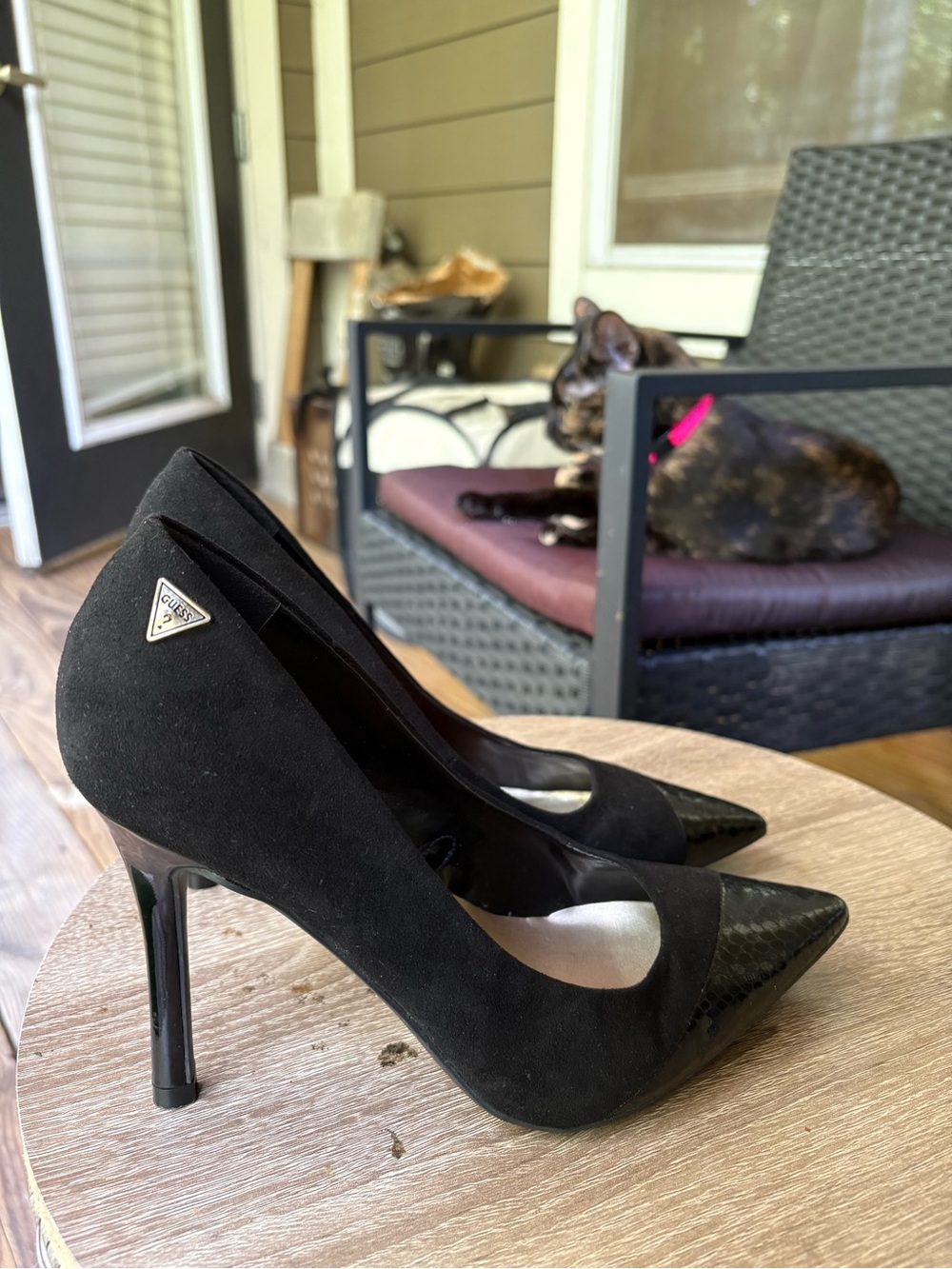 Guess Black Suede and Patent Pointed-Toe Stilettos